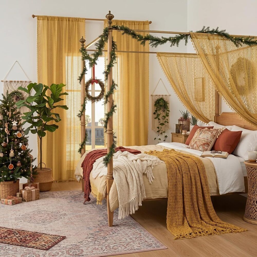 Boho Lace Curtains 84 Inches 2 Panel,Light Filtering Privacy Tassel & - Picture 6 of 8